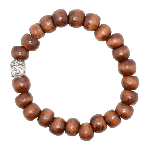 A beaded stretch bracelet made of glossy medium-brown wooden beads with a small silver Buddha head charm on the left side, shown against a plain white background.