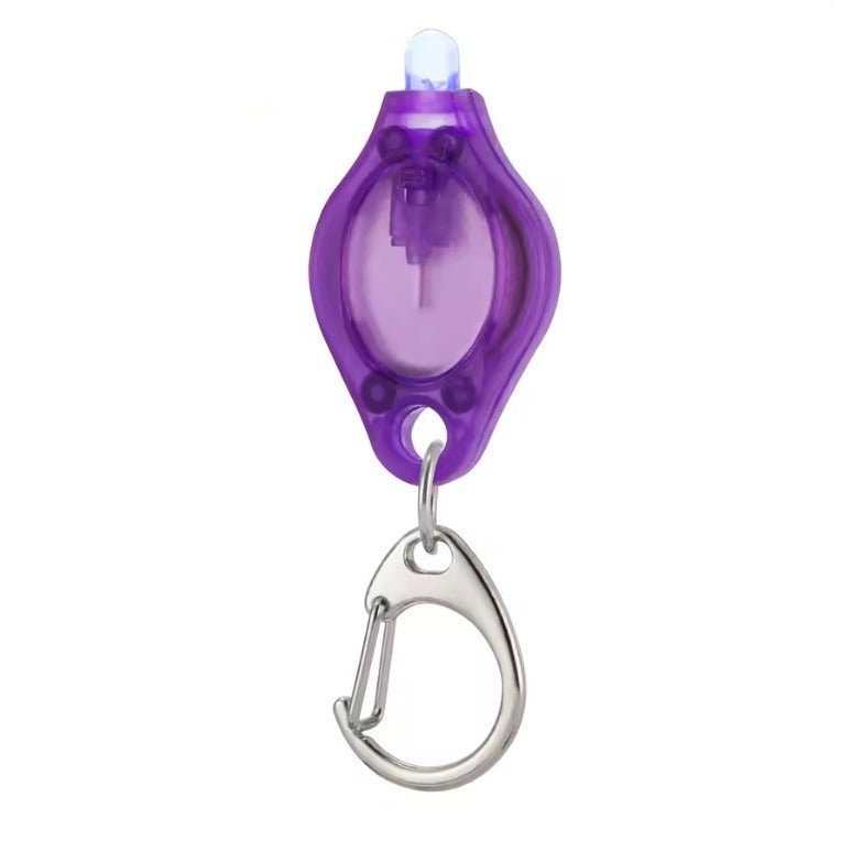 A purple UV torch keyring which emits UV light at 365nm. It features a silver carabiner clip attached below, shown on a plain white background.