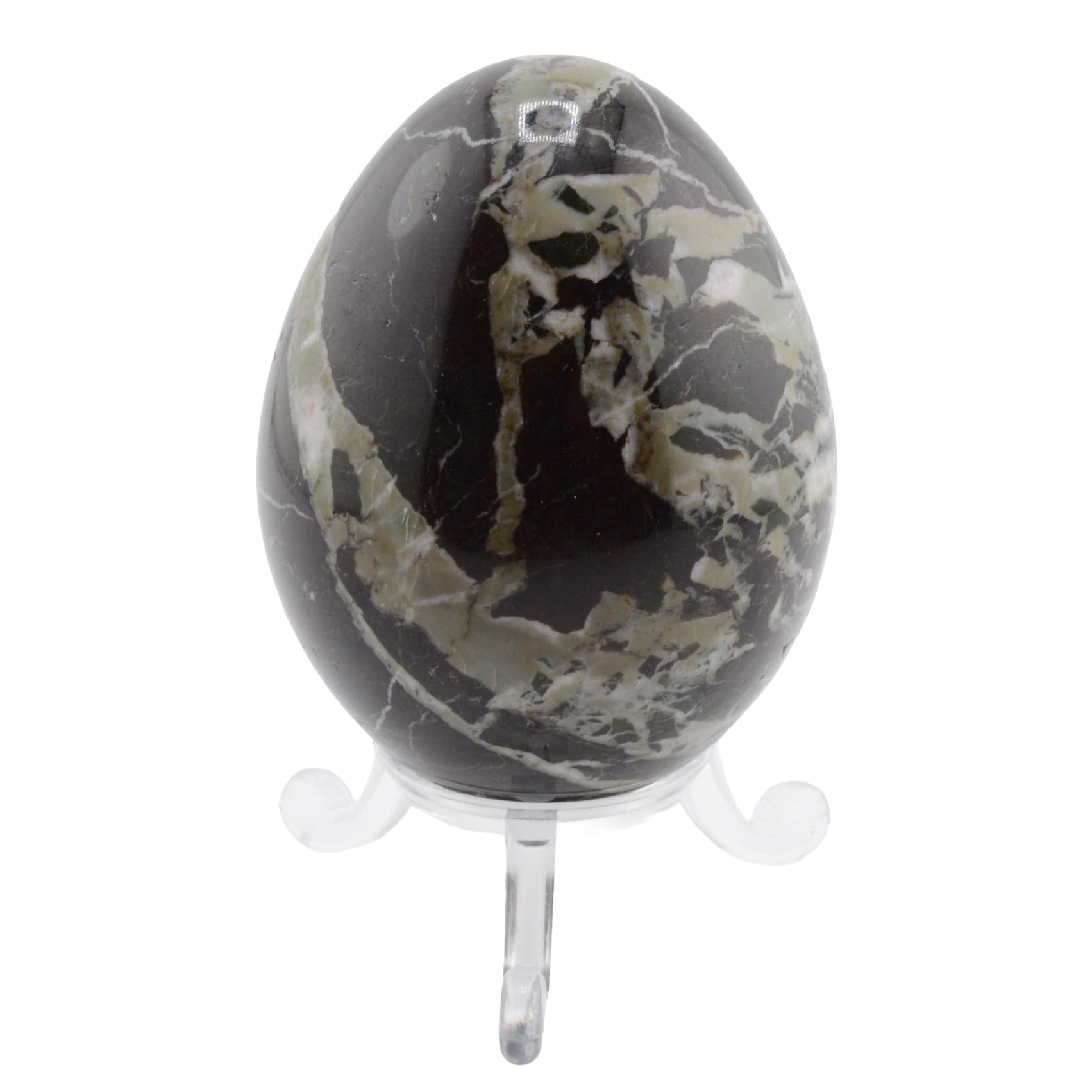 A polished black marblestone egg with natural green and white veining, displayed on a clear acrylic stand against a white background.