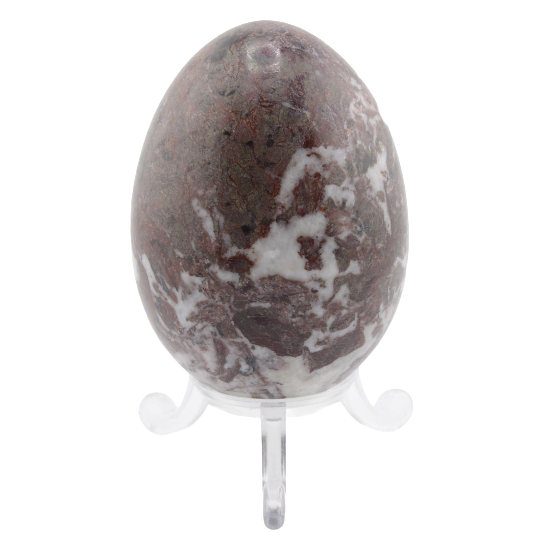 A polished brown and white marbled stone egg displayed on a clear plastic stand against a plain white background.