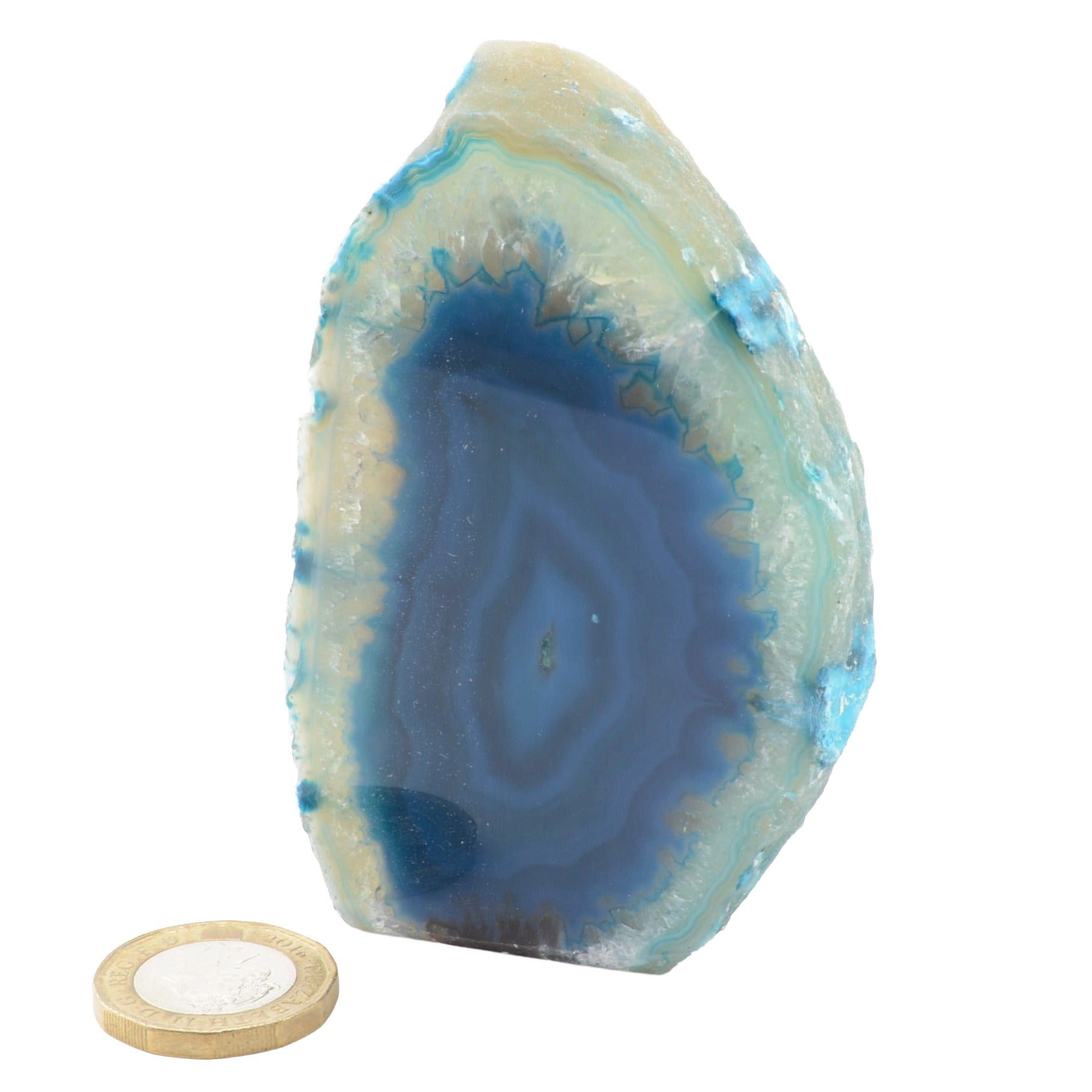 A polished geode with concentric bands of blue, teal, and cream, shown on a white background with a gold coin below for scale.