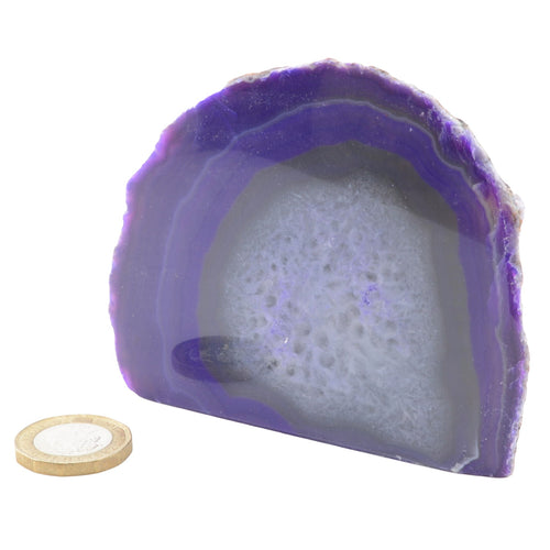 A polished purple agate geode with concentric banding and a white crystalline interior, shown on a white background with a small round wooden coin for scale.