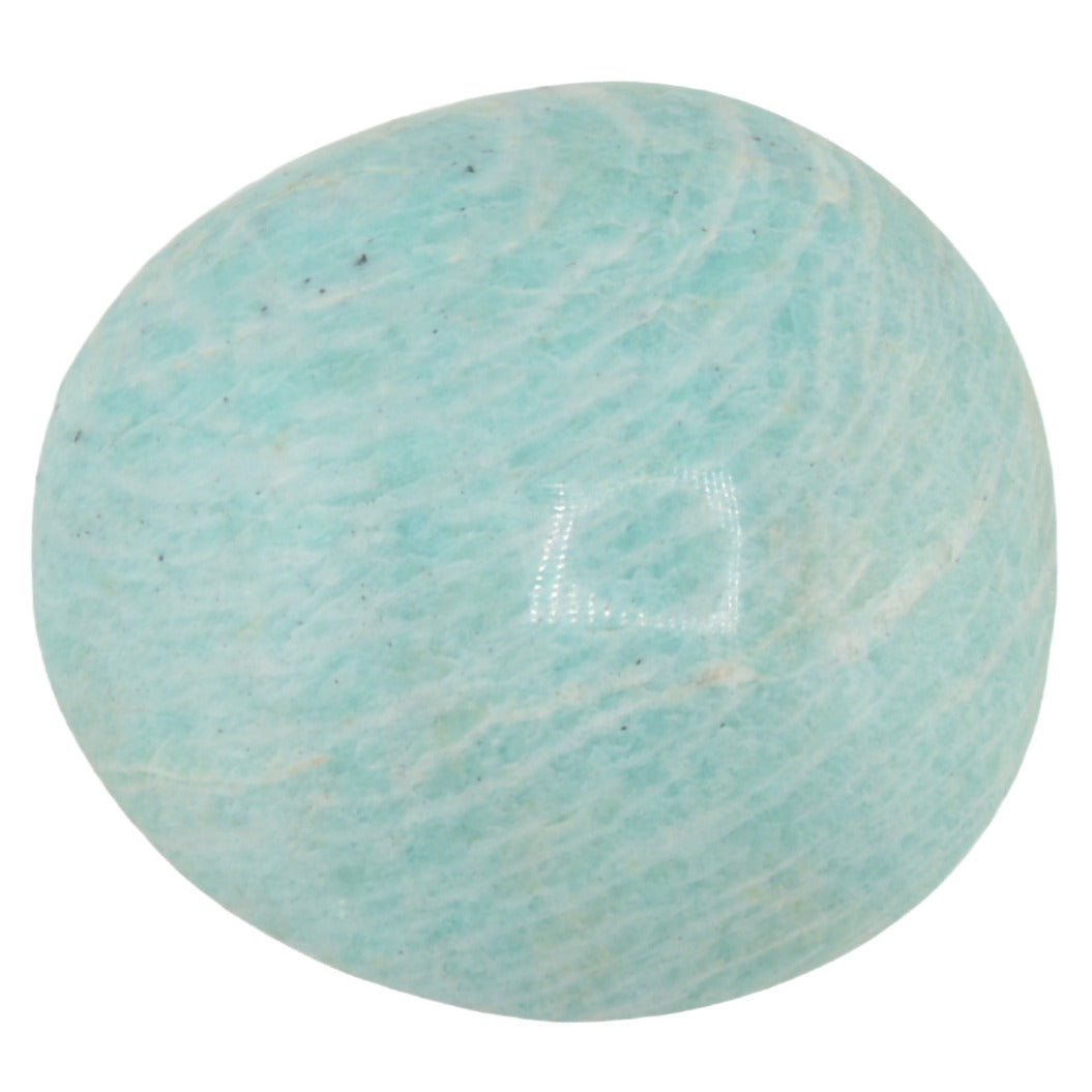 A polished oval cabochon amazonite gemstone of light aqua blue with white marbling, shown on a solid white background.