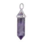 A Double Terminate Amethyst point pendant, polished purple crystal point capped with a silver plated metal frame and a top loop, shown on a plain white background.
