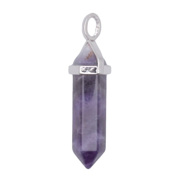 A Double Terminate Amethyst point pendant, polished purple crystal point capped with a silver plated metal frame and a top loop, shown on a plain white background.