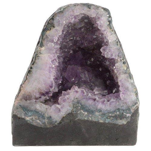 A raw amethyst geode specimen with a dark gray base, featuring light purple and white crystalline outer walls and a deep purple interior, shown on a plain white background.