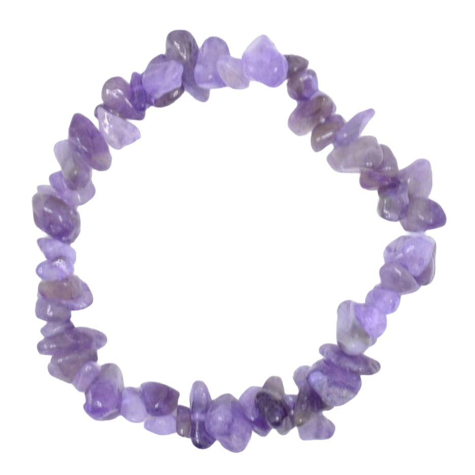 A beaded stretch bracelet made of irregular, polished purple amethyst tumbled stones, arranged in a circle on a plain white background.