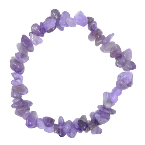 A beaded stretch bracelet made of irregular, polished purple amethyst tumbled stones, arranged in a circle on a plain white background.