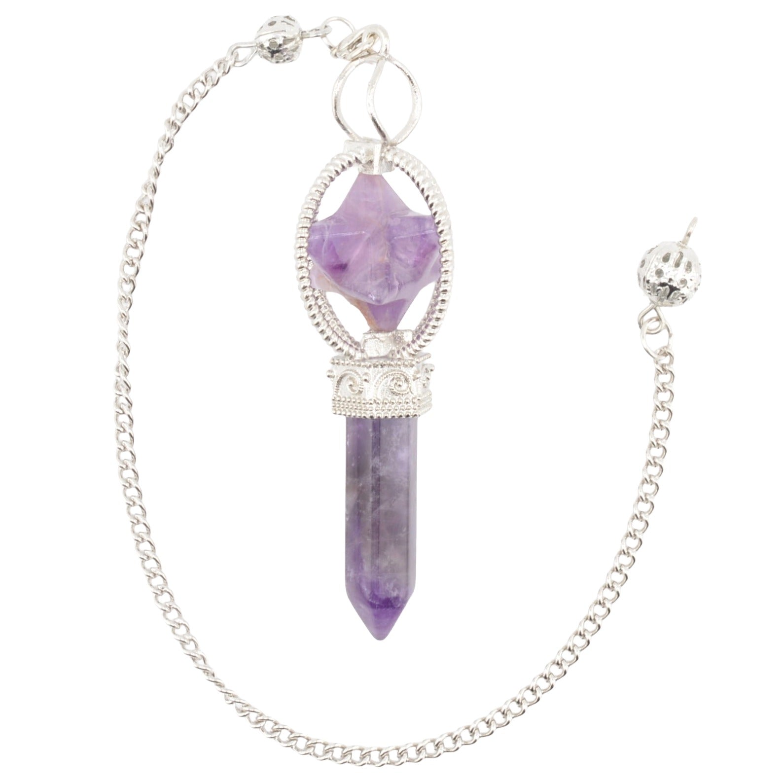 A silver chain pendulum featuring a faceted purple amethyst crystal point and a larger merkaba amethyst crystal, both set in silver-toned metal, shown on a plain white background.