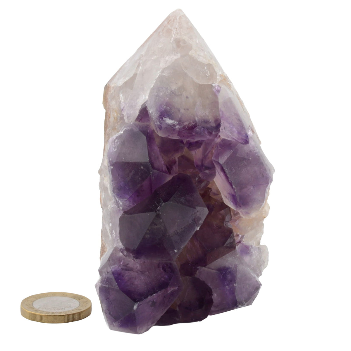A natural amethyst crystal cluster with deep purple and translucent clear sections, shown next to a small round coin for scale on a plain white background.