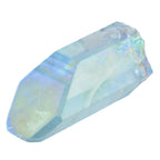 A faceted iridescent aqua aqua crystal point with a pale blue and white base and rainbow-like sheen, isolated on a plain white background.