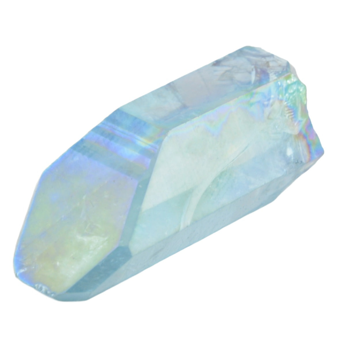 A faceted iridescent aqua aqua crystal point with a pale blue and white base and rainbow-like sheen, isolated on a plain white background.