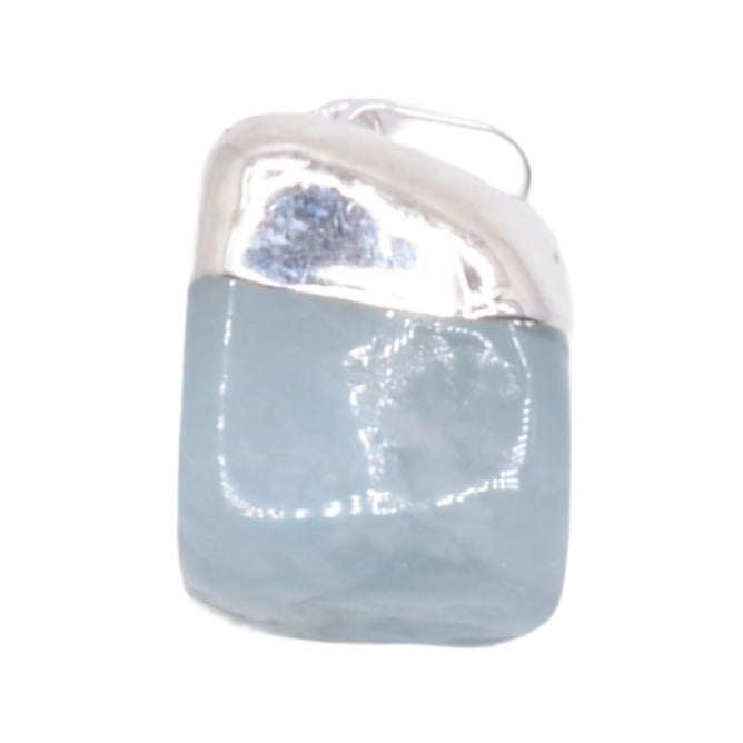 A handmade glass pendant featuring a light blue / green aquamarine tumble with a silver plated bail, shown on a plain white background.