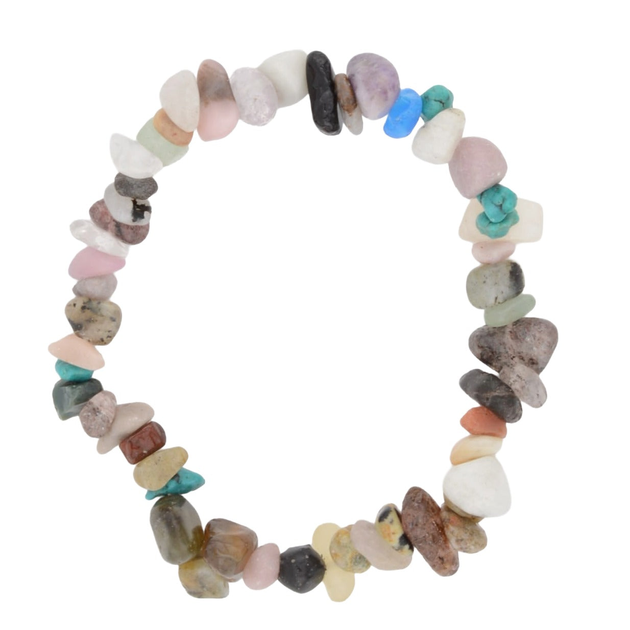 Assorted Gemstone Mixed Crystal Chip Bracelet for Healing set in a circle on a white background