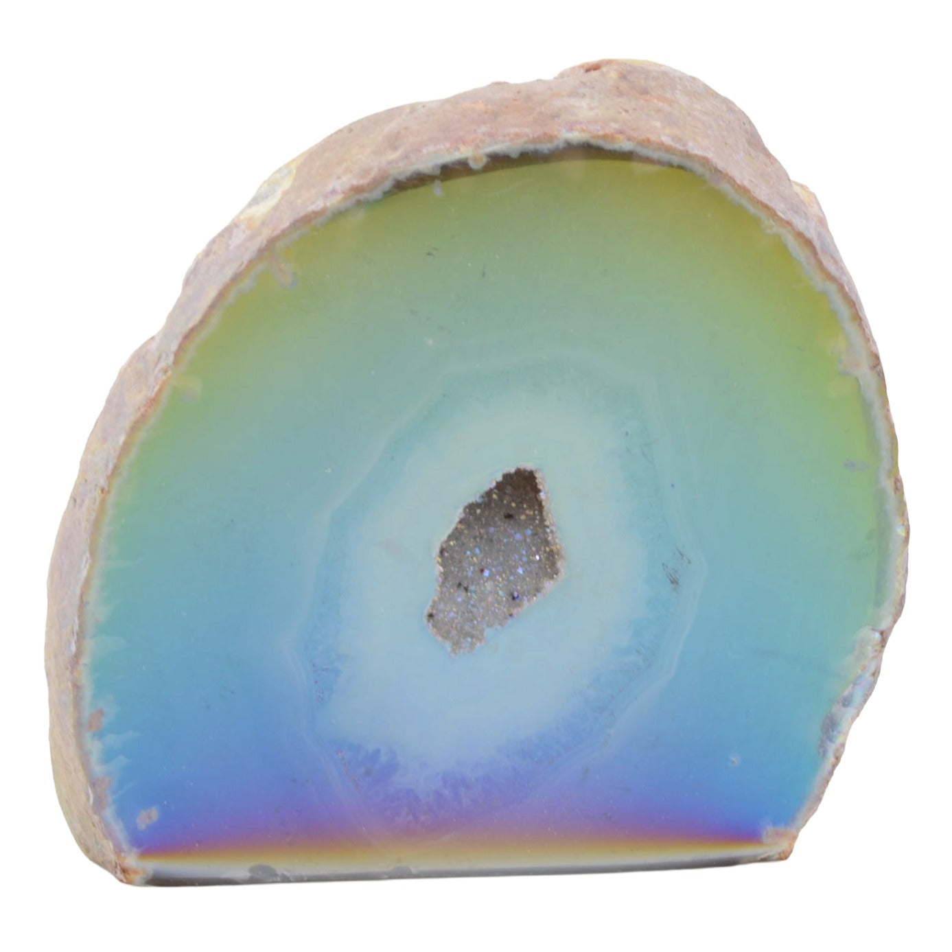 A polished natural aura agate geode specimen with concentric bands of pale green, light blue, and violet-purple, with a rough tan outer matrix and a small crystalline druzy core, shown on a plain white background.