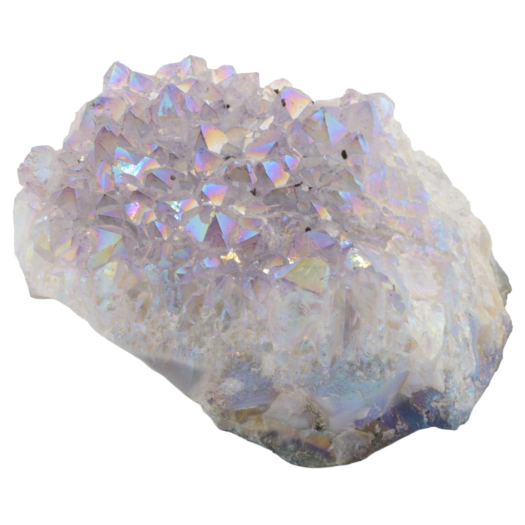 An iridescent aura amethyst crystal cluster with a rough, natural base, showing shimmering pastel hues of purple, blue, and green on a white background.
