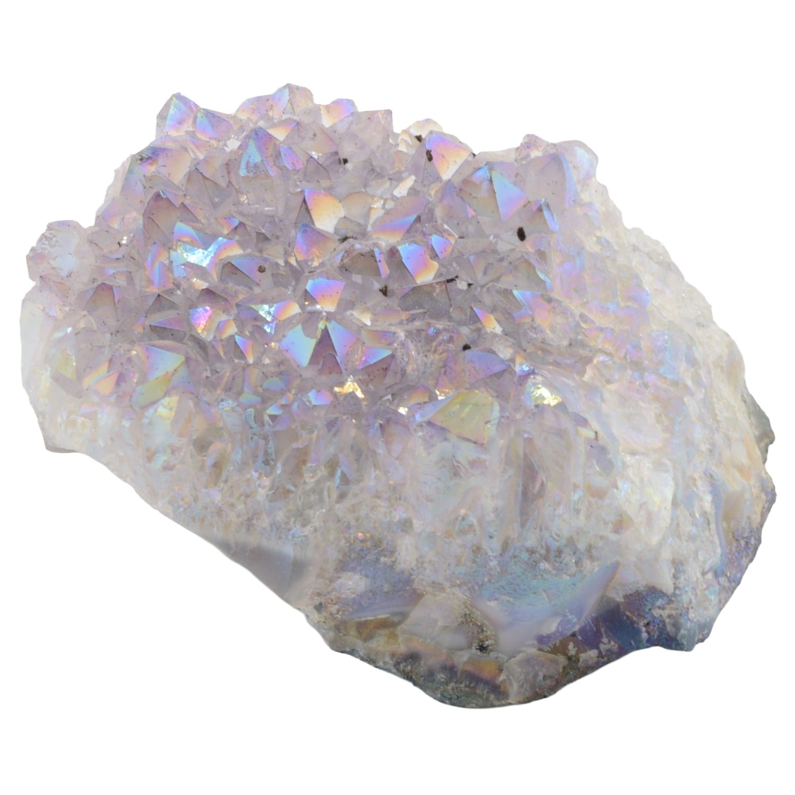 An iridescent aura amethyst crystal cluster with a rough, natural base, showing shimmering pastel hues of purple, blue, and green on a white background.