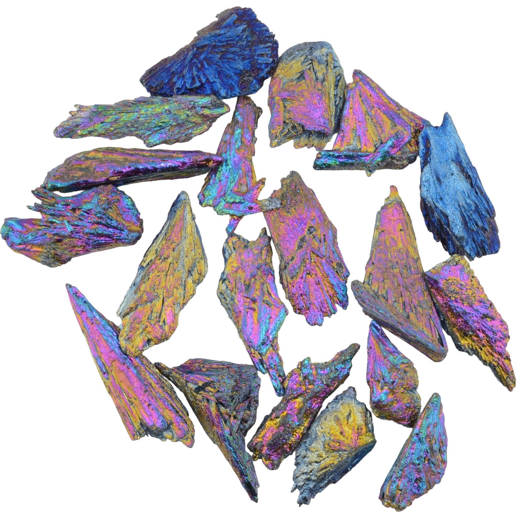 A collection of aura kyanite blades with an ridescent rainbow sheen, showing blue, purple, pink, and gold tones on a plain white background.