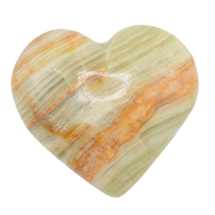 A heart-shaped polished stone with natural marbled patterns of orange, beige, and light green, shown on a plain white background.