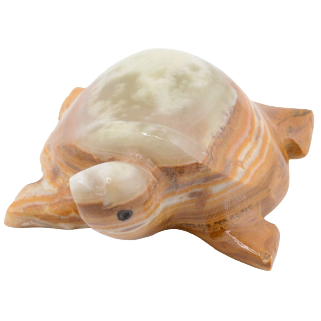 A carved turtle figurine made from polished banded calcite, featuring a warm orange-brown marbled shell and body with a smooth, creamy off-white top and head, set against a plain white background.