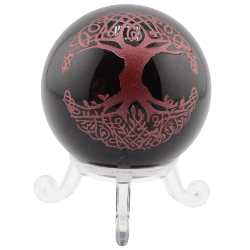 Black Obsidian 50mm Sphere with Tree of Life Emblem
