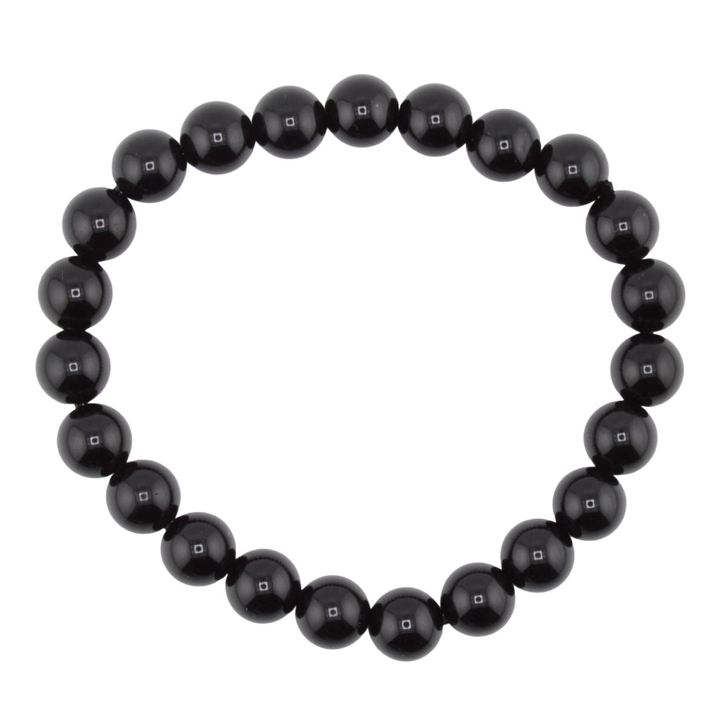 A beaded stretch bracelet made of glossy, polished black obsidian 8mm round beads, arranged in a circular shape against a solid white background.