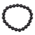 A beaded stretch bracelet made of glossy, polished black obsidian 8mm round beads, arranged in a circular shape against a solid white background.