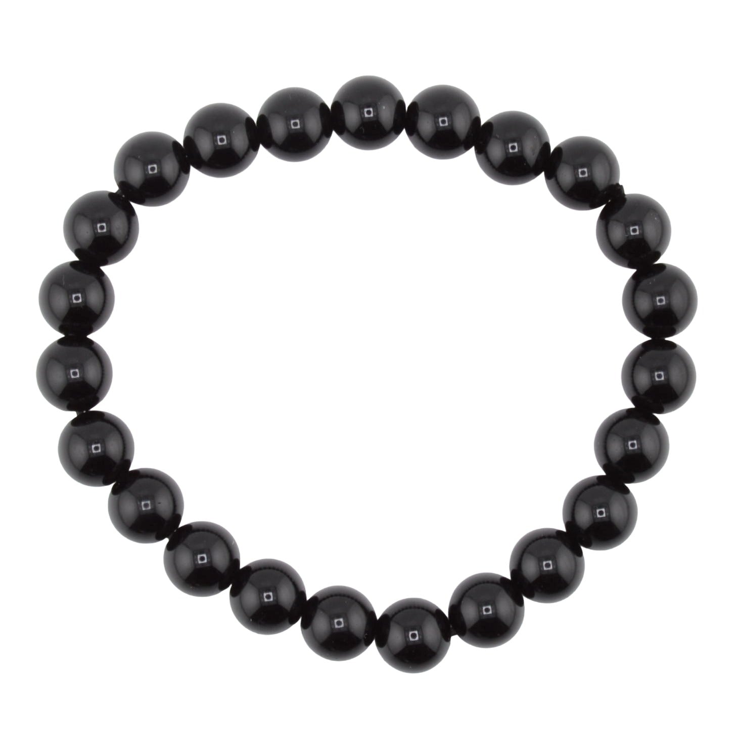A beaded stretch bracelet made of glossy, polished black obsidian 8mm round beads, arranged in a circular shape against a solid white background.