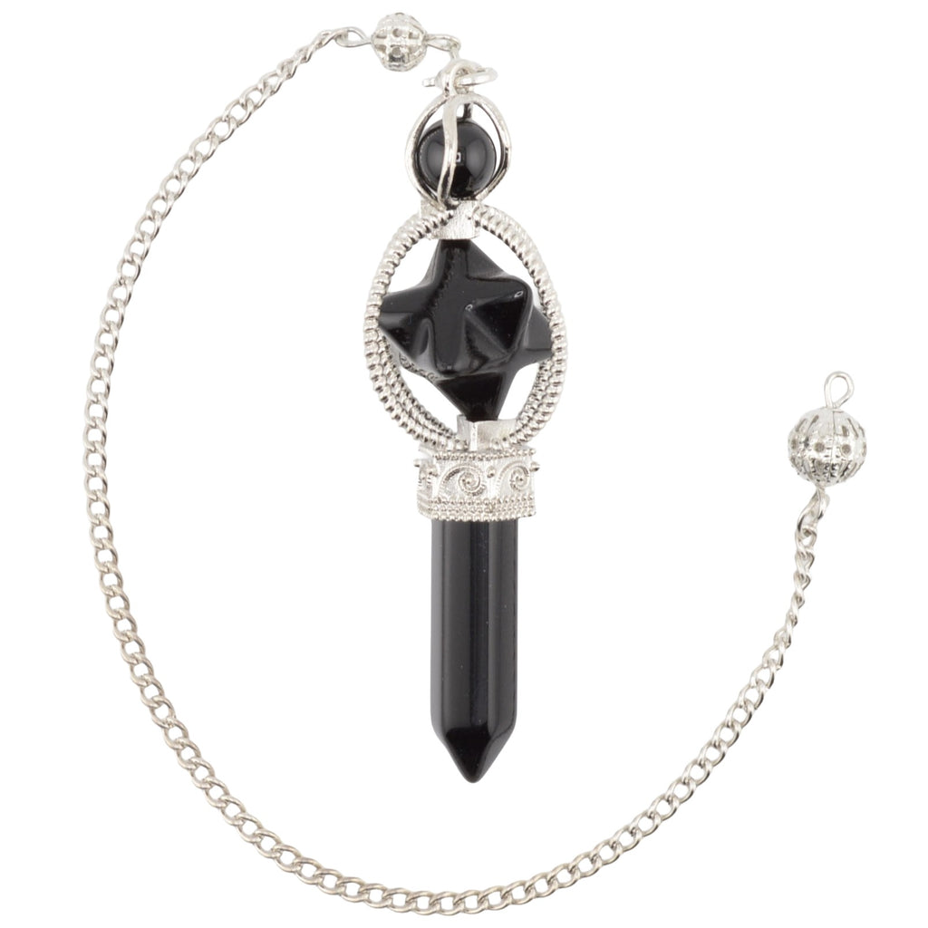 A Black Obsidian Pendulum featuring a point and merkaba. It has a silver coloured chain with bead. Pictured on a white background