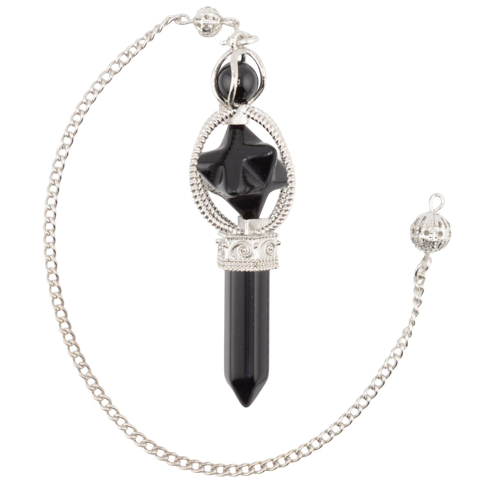A Black Obsidian Pendulum featuring a point and merkaba. It has a silver coloured chain with bead. Pictured on a white background