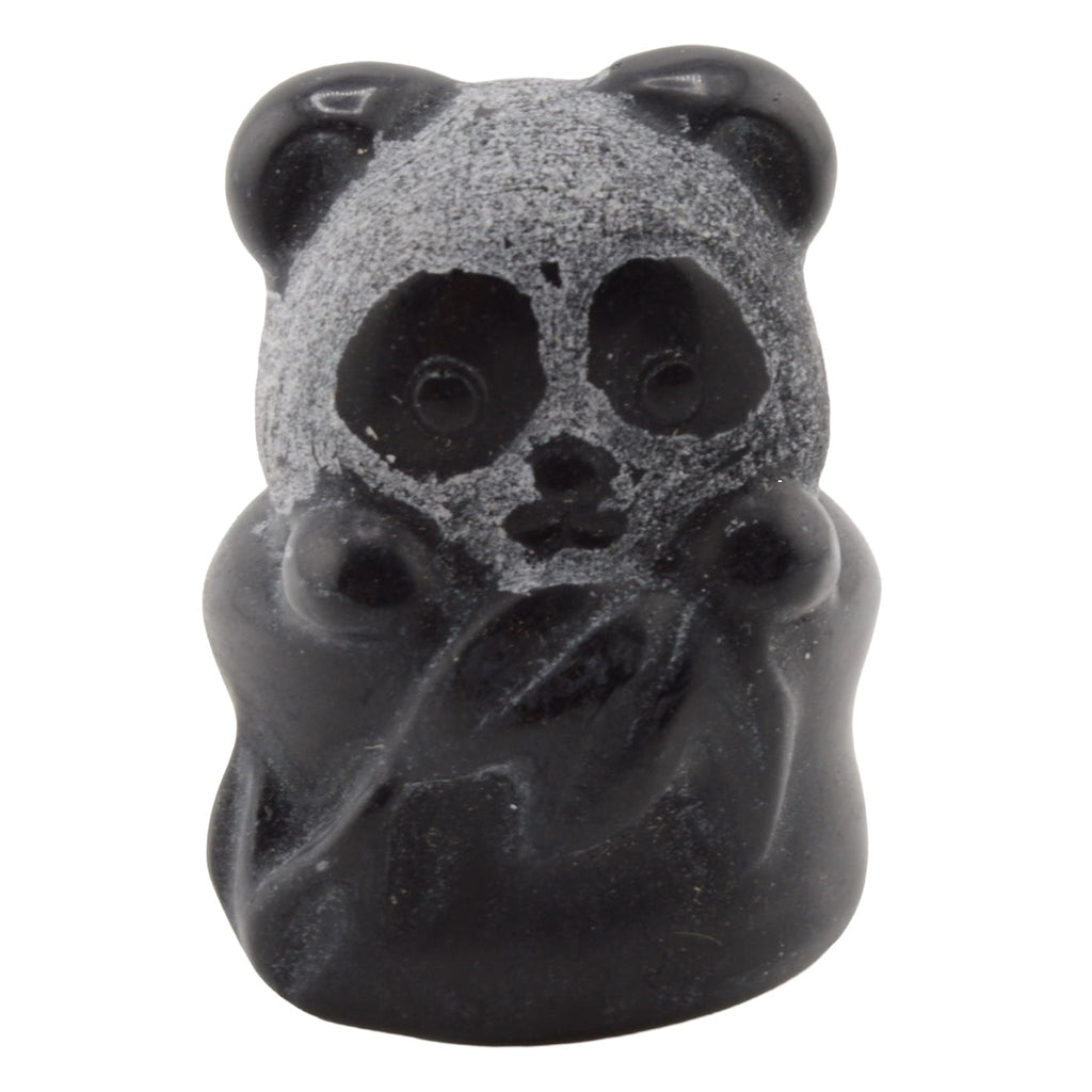 A small carved black obsidian panda figurine, shown against a plain white background.