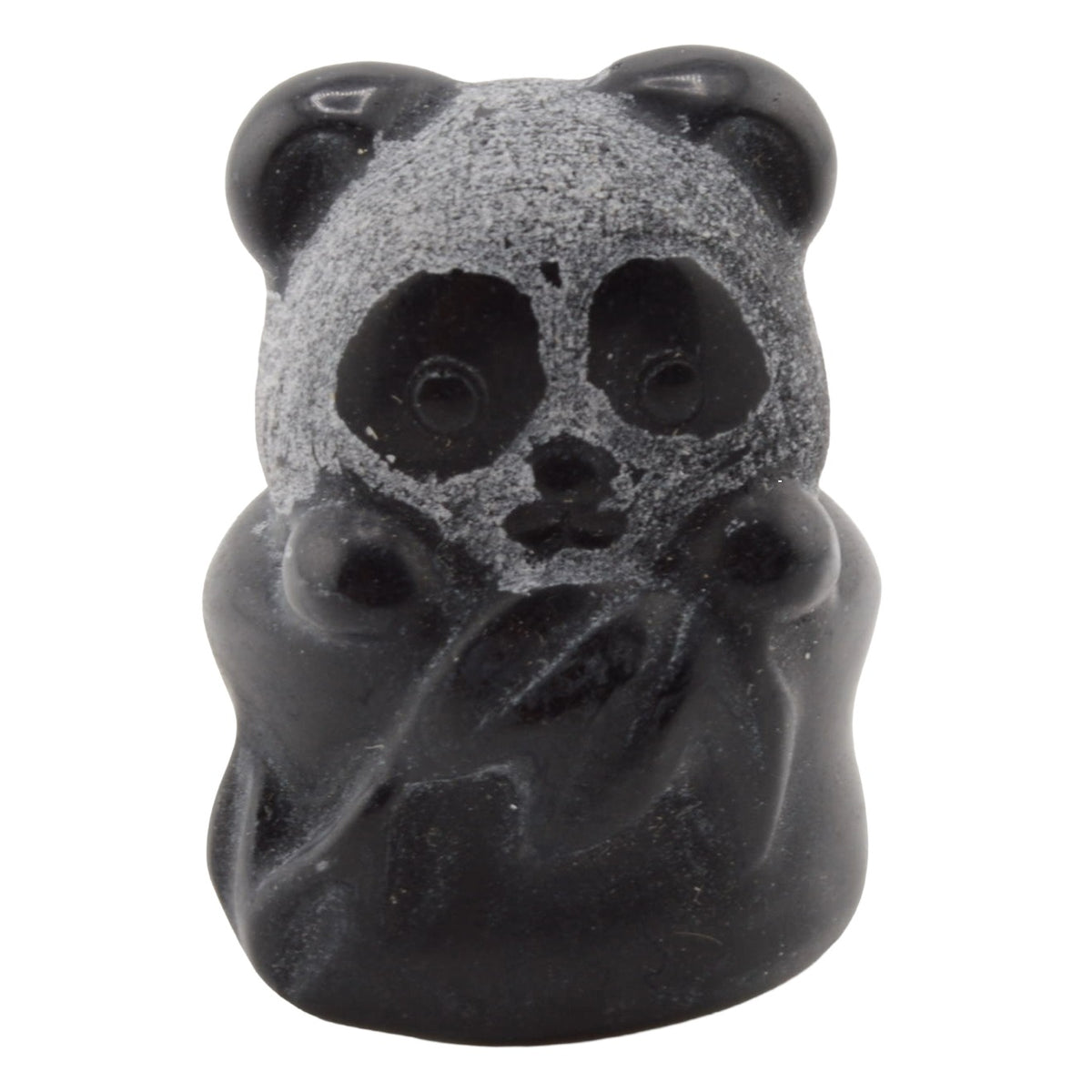 A small carved black obsidian panda figurine, shown against a plain white background.
