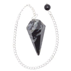 A black sardonyx gemstone pendulum with a sliver chain and bead, shown on a plain white background.