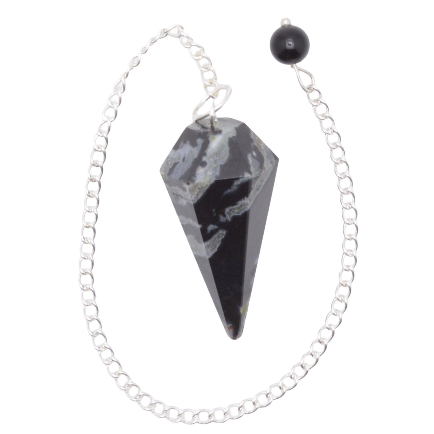 A black sardonyx gemstone pendulum with a sliver chain and bead, shown on a plain white background.