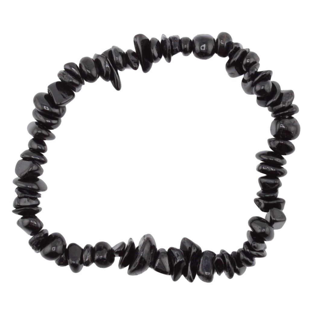 A black tourmaline gemstone chip bead bracelet made of polished irregular dark beads, photographed on a plain white background.