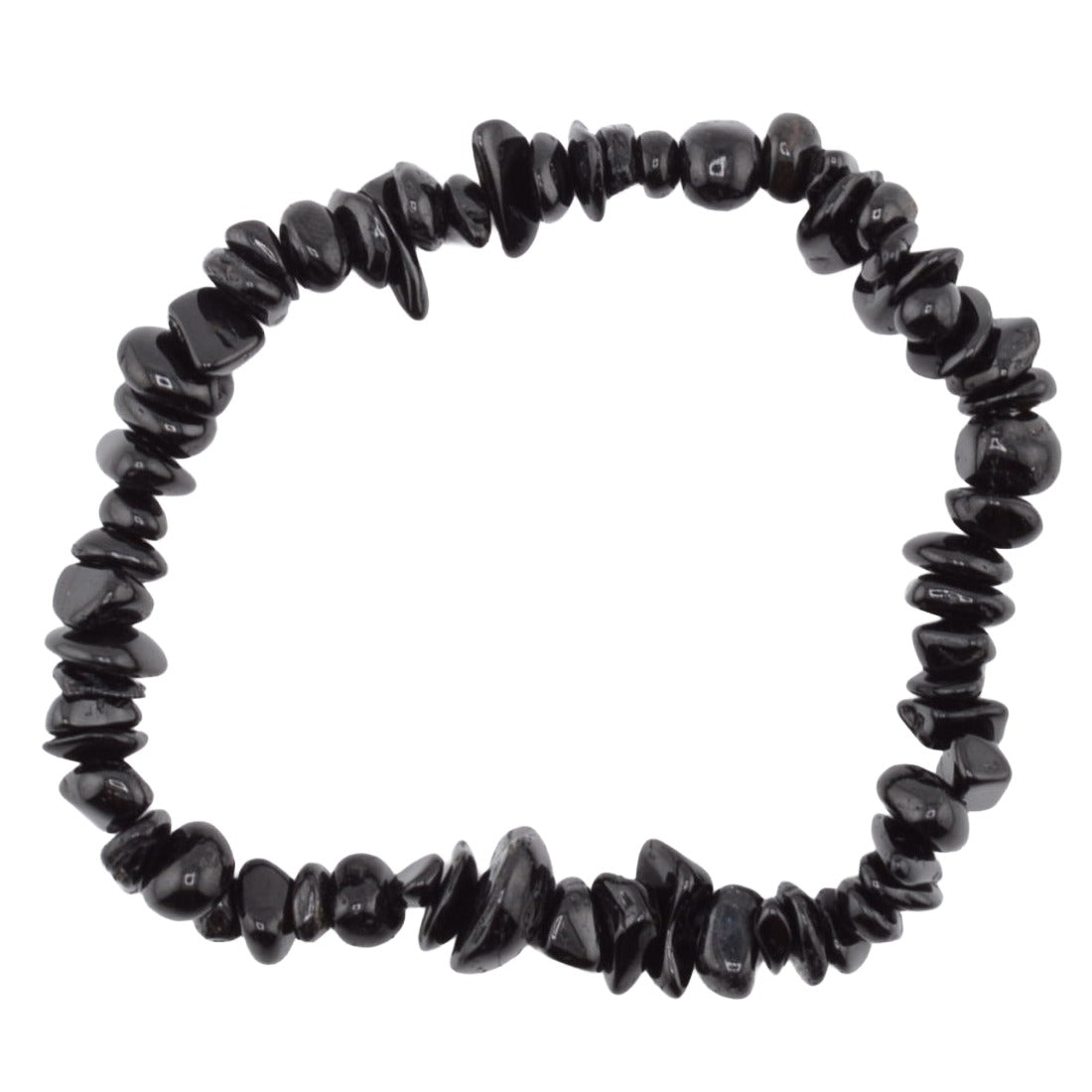 A black tourmaline gemstone chip bead bracelet made of polished irregular dark beads, photographed on a plain white background.