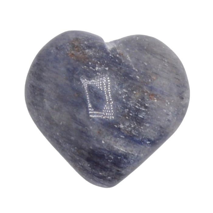 A heart-shaped polished stone, Blue Aventurine, featuring natural blue and gray banded patterns, isolated on a white background.