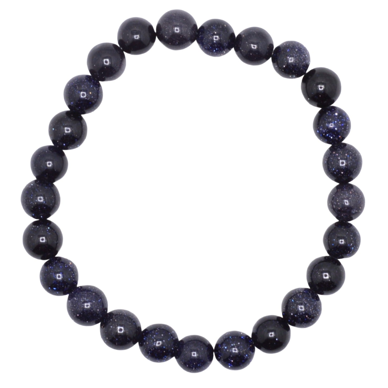 A beaded stretch bracelet made of dark, polished blue goldstone round beads, arranged in a circle on a plain white background.
