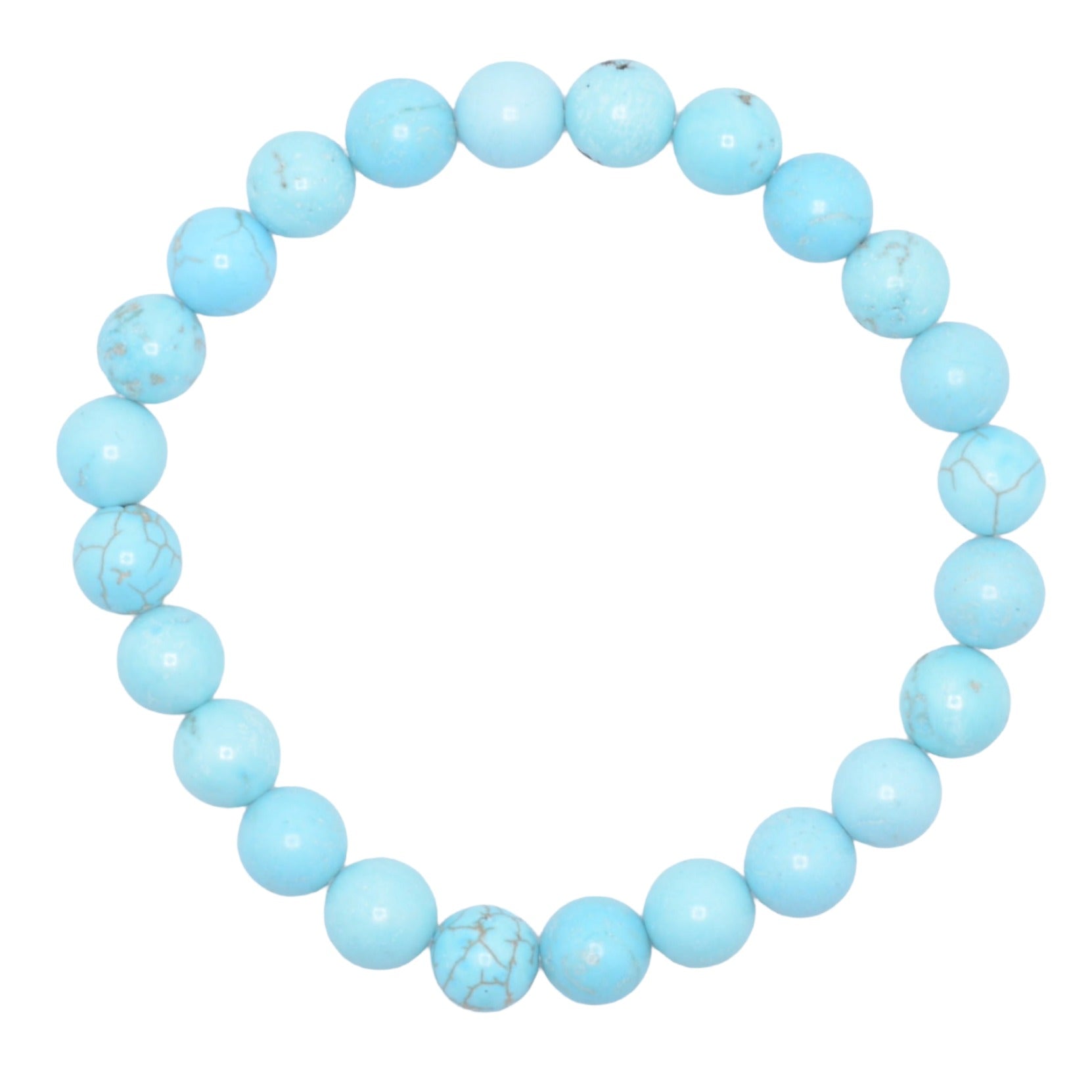 A beaded stretch bracelet made of light blue coloured round beads with natural matrix veining, shown on a plain white background.
