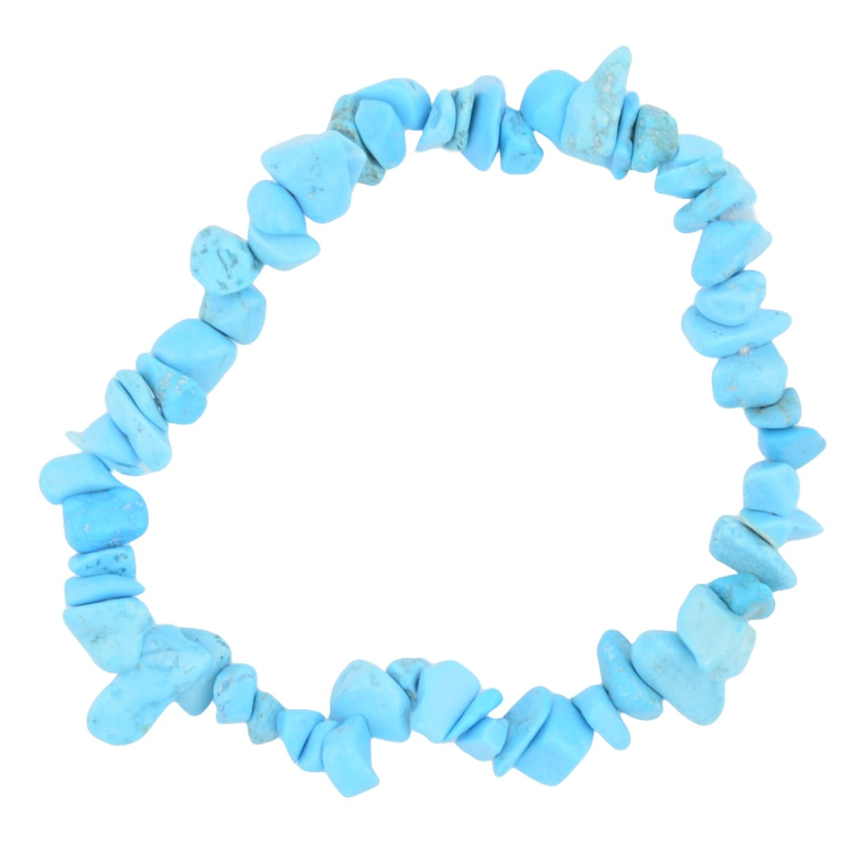 A beaded stretch bracelet made of light blue, irregular stone chips, displayed on a clean white background.