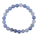A beaded stretch bracelet made of blue quartz 8mm round, polished blue-gray beads, arranged in a circular shape against a plain white background.