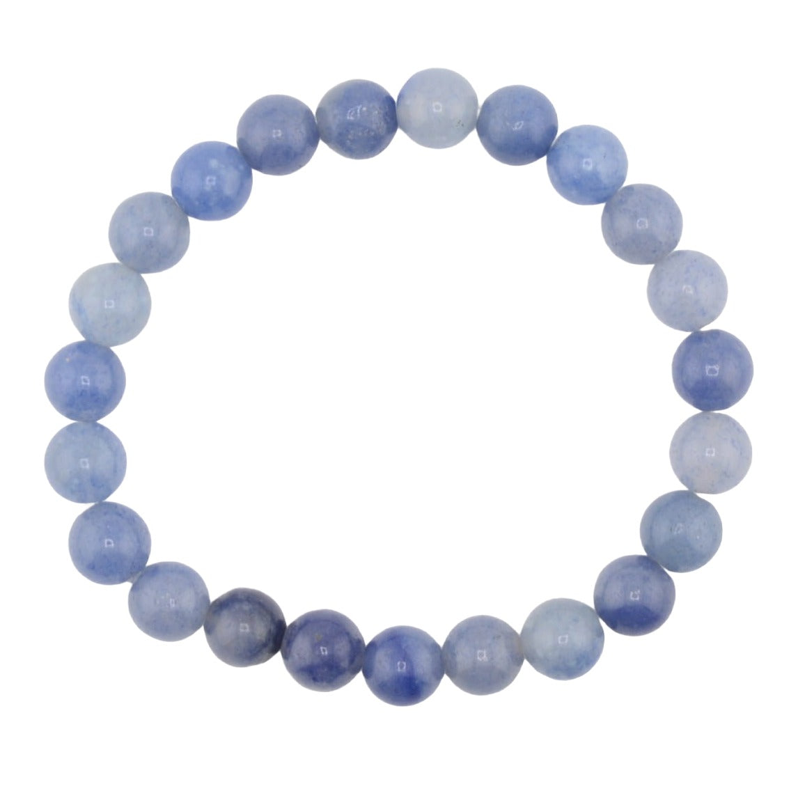 A beaded stretch bracelet made of blue quartz 8mm round, polished blue-gray beads, arranged in a circular shape against a plain white background.