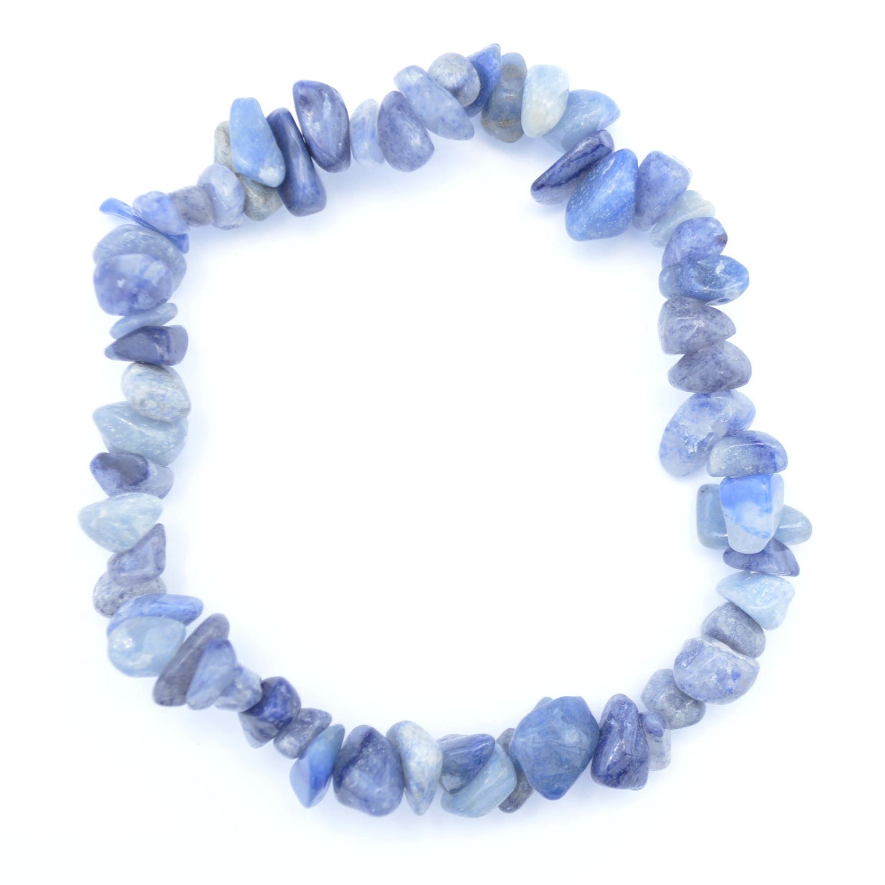 A beaded stretch bracelet made of irregular, polished blue and gray Blue Quartz chips, displayed on a clean white background.