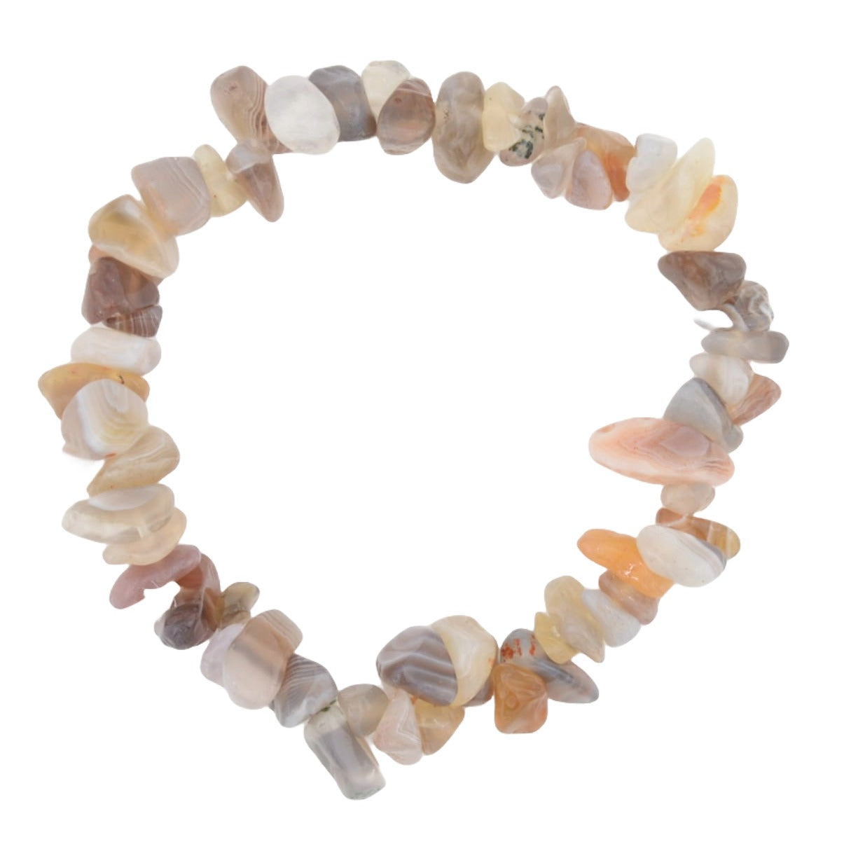 A beaded chip bracelet made of small polished Botswana agate stone pieces in soft grey, beige, white, and muted brown tones, arranged in a circle on a plain white background.