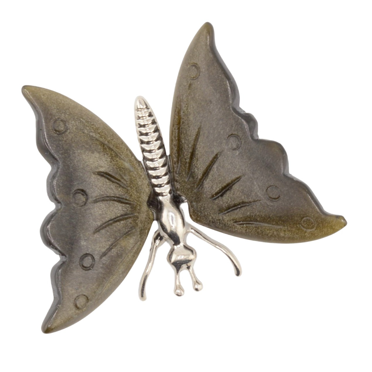 A butterfly-shaped carving with golden obsidian wings and a silver-tone metal body and legs, shown on a plain white background.