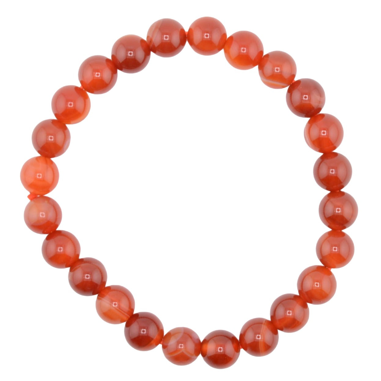 A beaded stretch bracelet made of 8mm polished round carnelian beads in a warm reddish-orange hue, arranged in a circular shape on a plain white background.