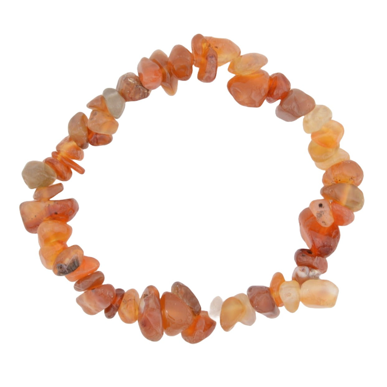 A beaded stretch bracelet made of small, irregular carnelian gemstone chips, arranged in a circle on a plain white background.