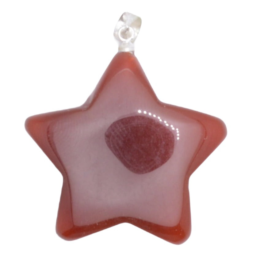 A star-shaped carnelian pendant with a glossy finish. Red brown orange in colour with a silver plated bail