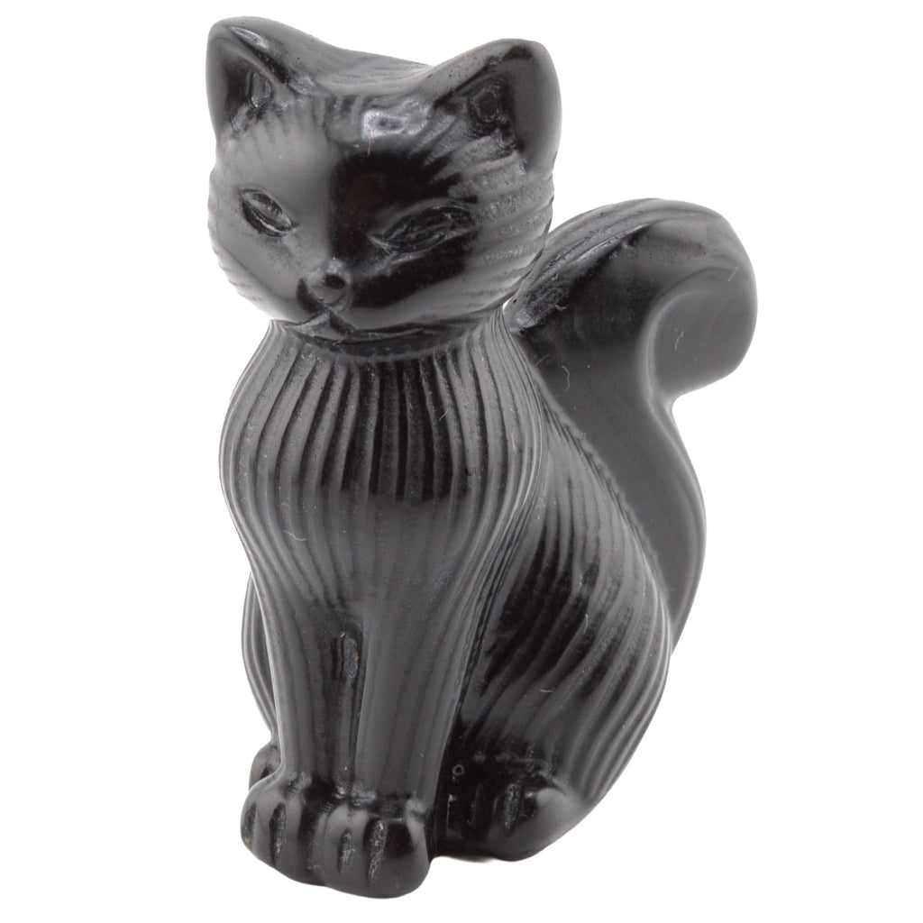 A glossy black obsidian cat figurine with a ribbed texture, shown against a plain white background.