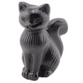 A glossy black obsidian cat figurine with a ribbed texture, shown against a plain white background.